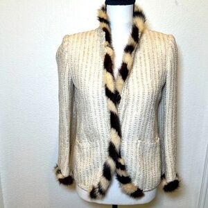 Mink Fur two tone boucle blazer creme lined/tailored size Med to Small Vintage